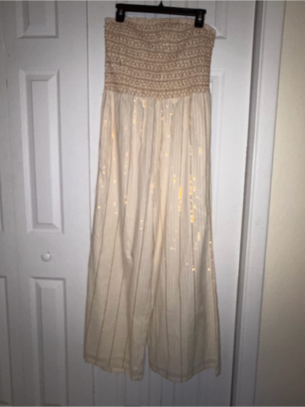 DressNado Ivory Gold Stripe Smocked Strapless Wide Leg Jumpsuit L One Piece